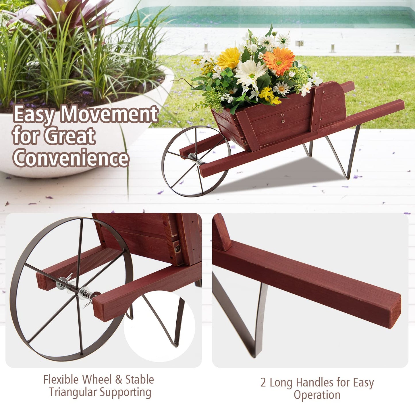 TANGZON Wheelbarrow Planter, Wooden Garden Wagon Planter Cart with 9 Magnetic Accessories, Wheel, 2 Handle, Outdoor Rustic Pine Wood Decorative Raised Plant Pot Stand for Patio Balcony (Reddish Brown)