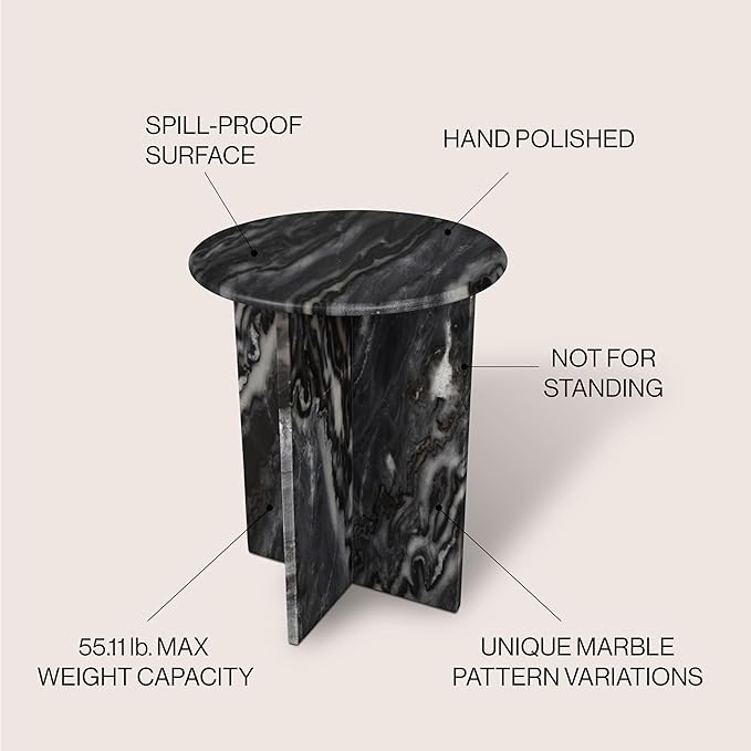 JONATHAN Y Javier Solid Black/Gray Marble End Table, 17.75" Round Modern Accent