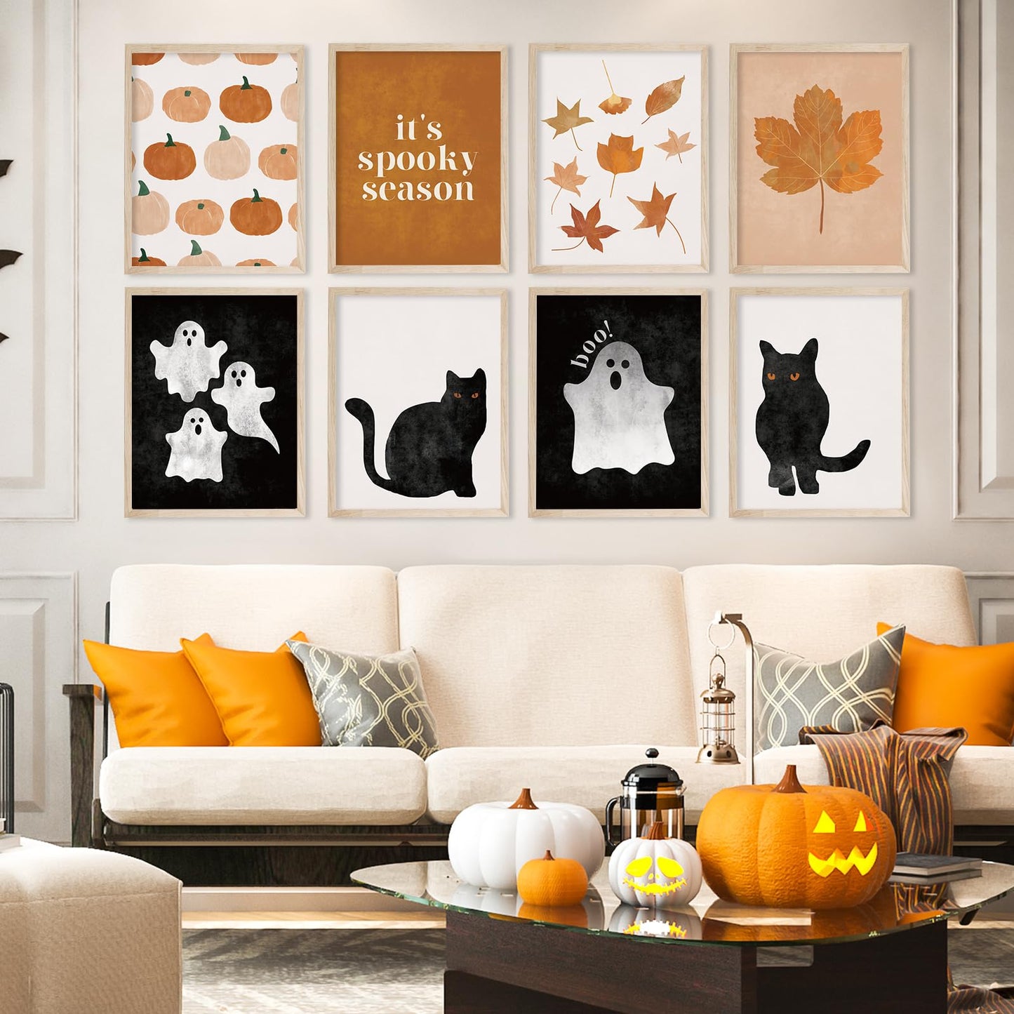 JarThenaAMCS 12Pcs Halloween Wall Art Prints Boho Ghost Pumpkin Black Cat Art Poster Black Orange Wall Decor For Fall Gallery Living Room Bedroom, UNFRAMED, 11 x 14 Inch