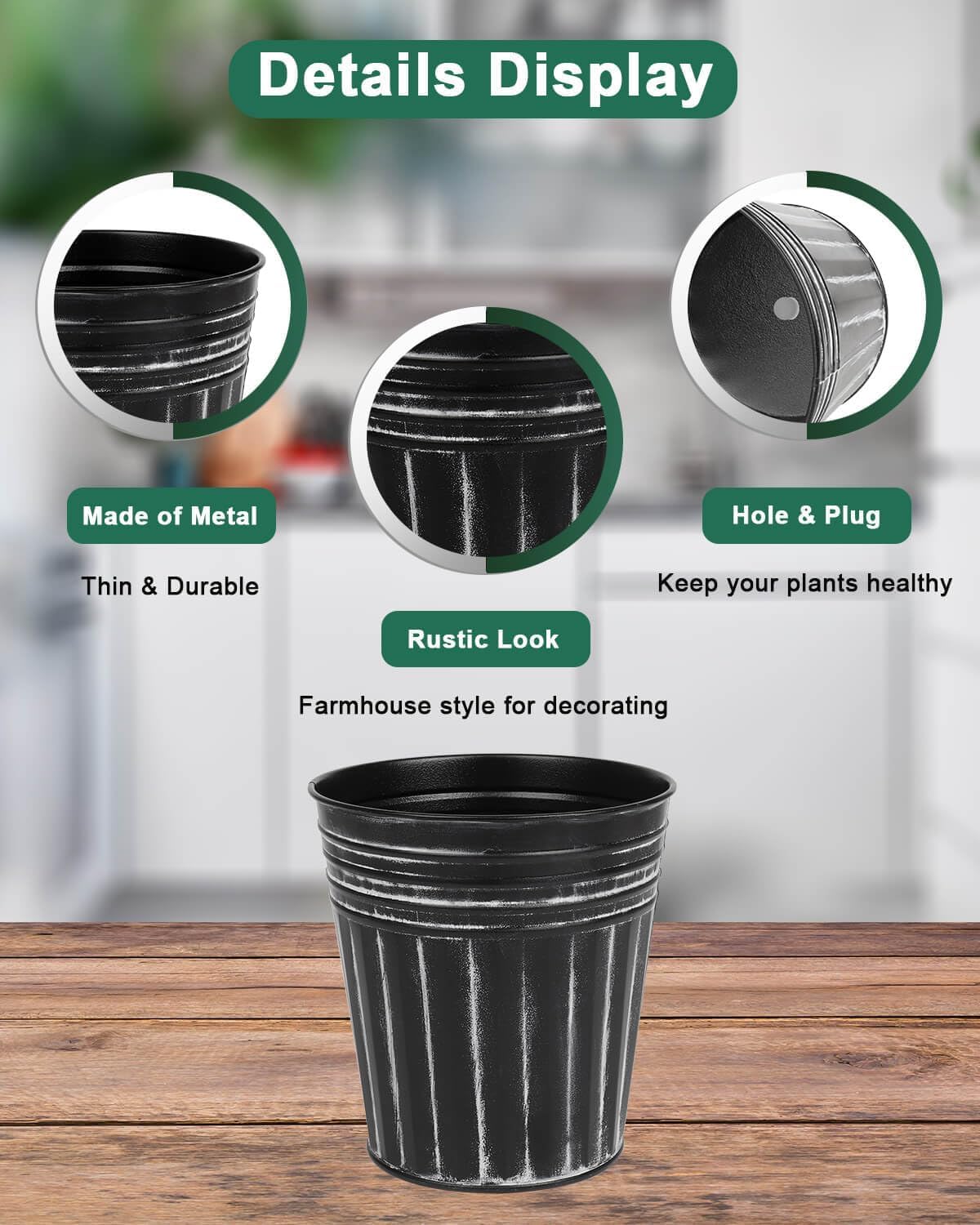 vensovo 5 Inch Galvanized Bucket Planter - 6 Pack Metal Flower Pots with Drainage Holes & Plugs, Rustic Black Tin Pots for Indoor Herbs, Outdoor Succulents, Farmhouse Home Garden Decor