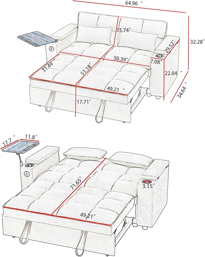 Auvsoce 65'' Convertible Sleeper Sofa Bed