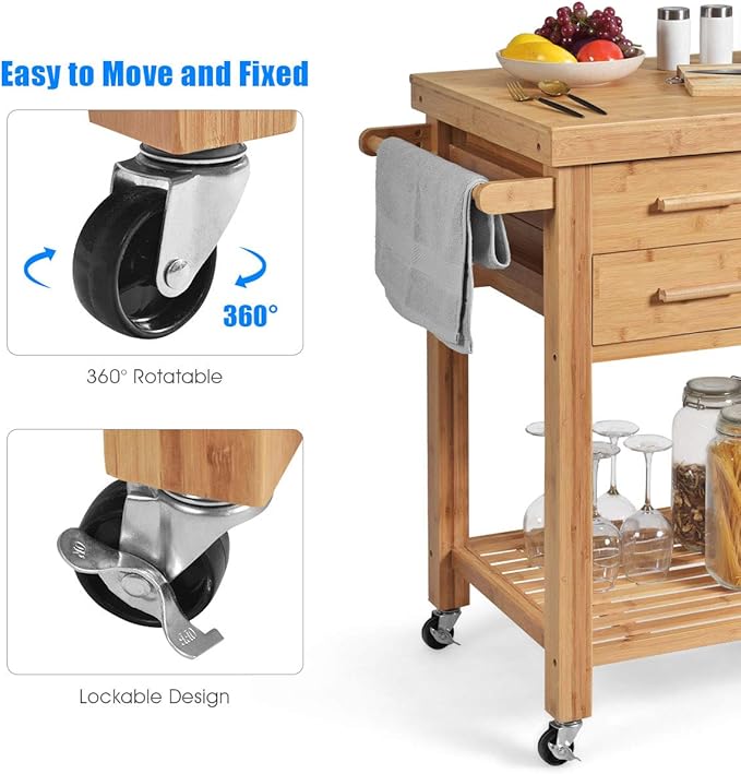 Giantex Kitchen Island, Bamboo Island Cart, Kitchen Trolley Cart on Wheels