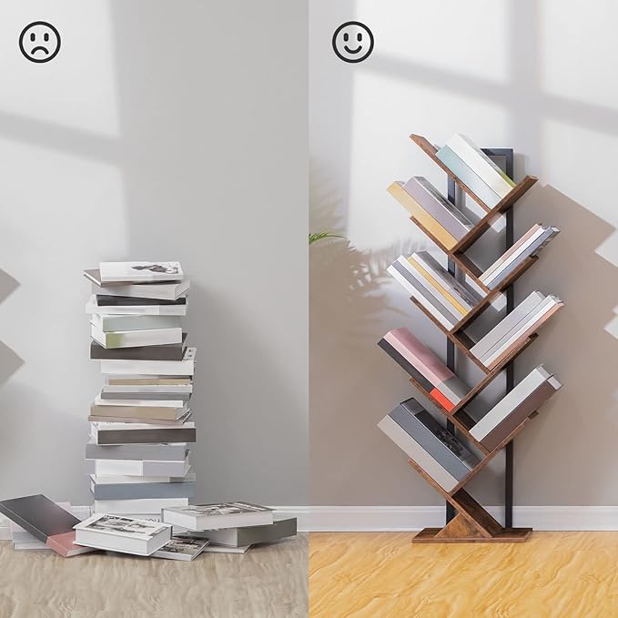 HOOBRO Tree Bookshelf, 9-Tier Bookcase Wooden Shelves, Floor Standing Storage