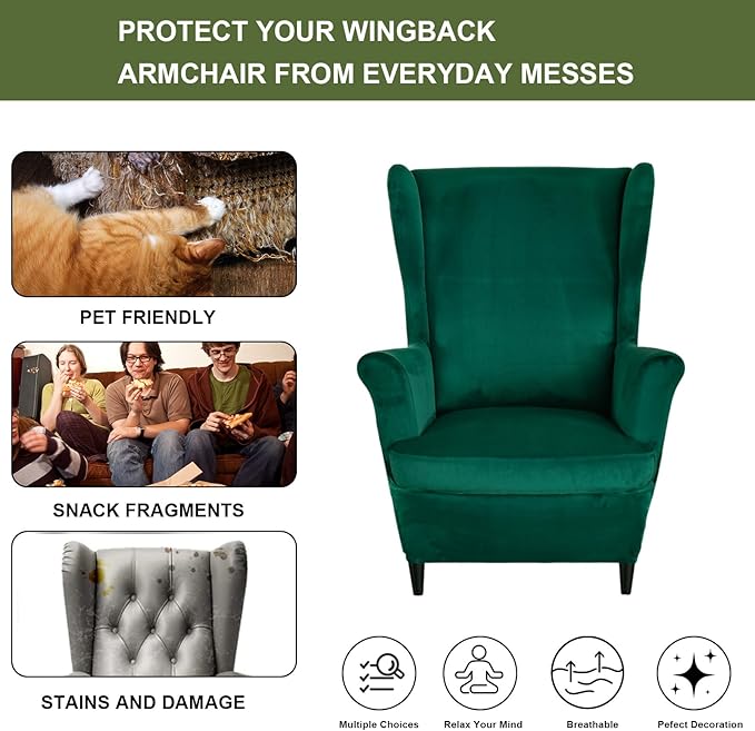 HAOYONG Velvet Wingback Armchair Covers 2-Piece Elastic Stretch Wingback Chair