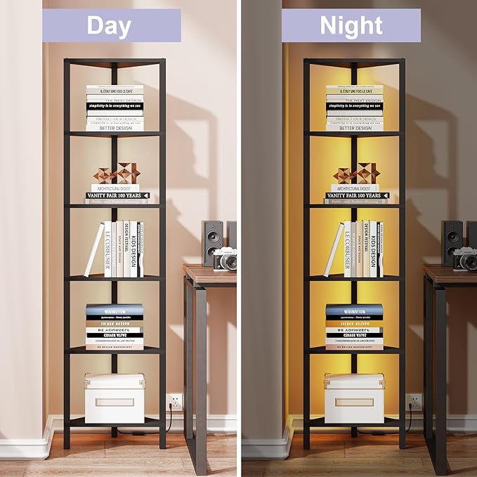 TUTOTAK Corner Shelf with LED Light, 6-Tier Corner Bookshelf