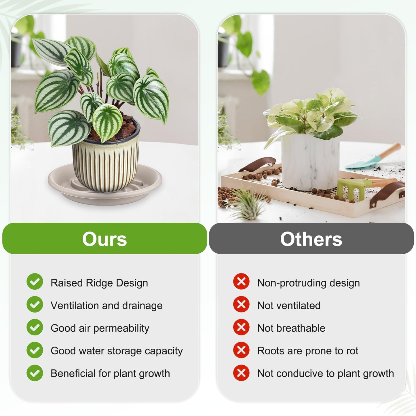 M METERXITY 2-Pack Plant Saucers, 9.4 Inch ID Anti-Rot Root Resin Flower Pot Plant Saucers for Indoor/Outdoor, Flowerpot Drip Tray [11.8 Inch OD, Gray White]