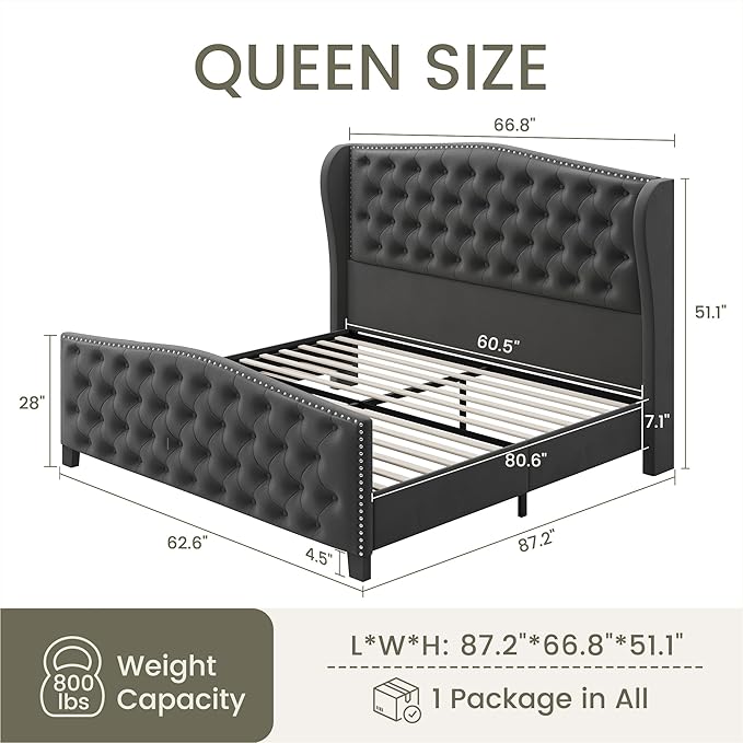 LARMACE Queen Size Bed Frame Velvet Upholstered Platform Bed