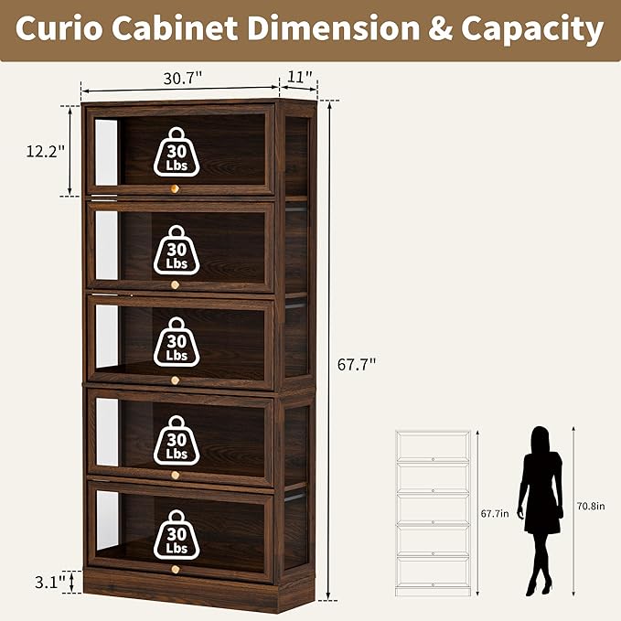 Display Cabinet with Acrylic Glass Doors, 5-Tiers Curio Cabinet with LED
