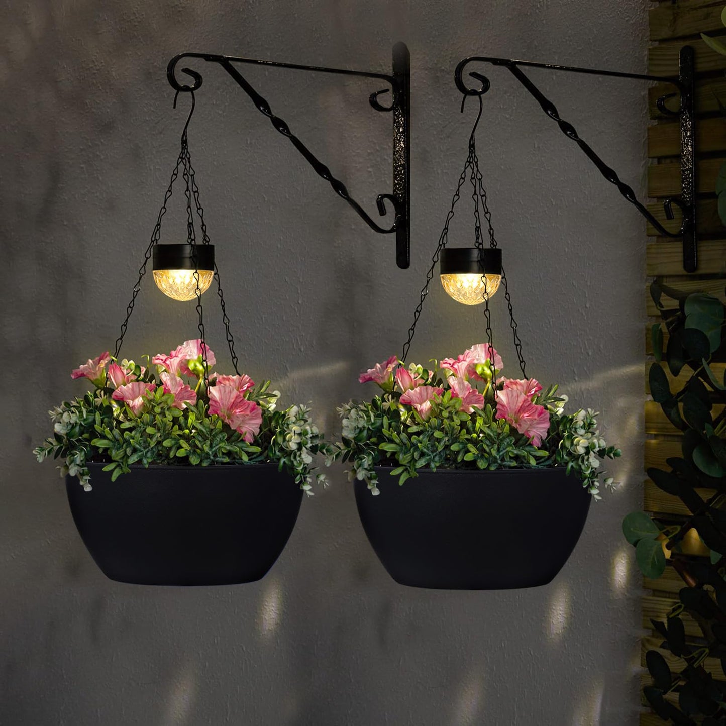 BAYN 2 Packs Solar Hanging Basket Planters for Plants Outdoor, Self Watering Black Flower Plants Pots with Solar Light Drainer for Balcony Patio Garden Outdoor Decoration
