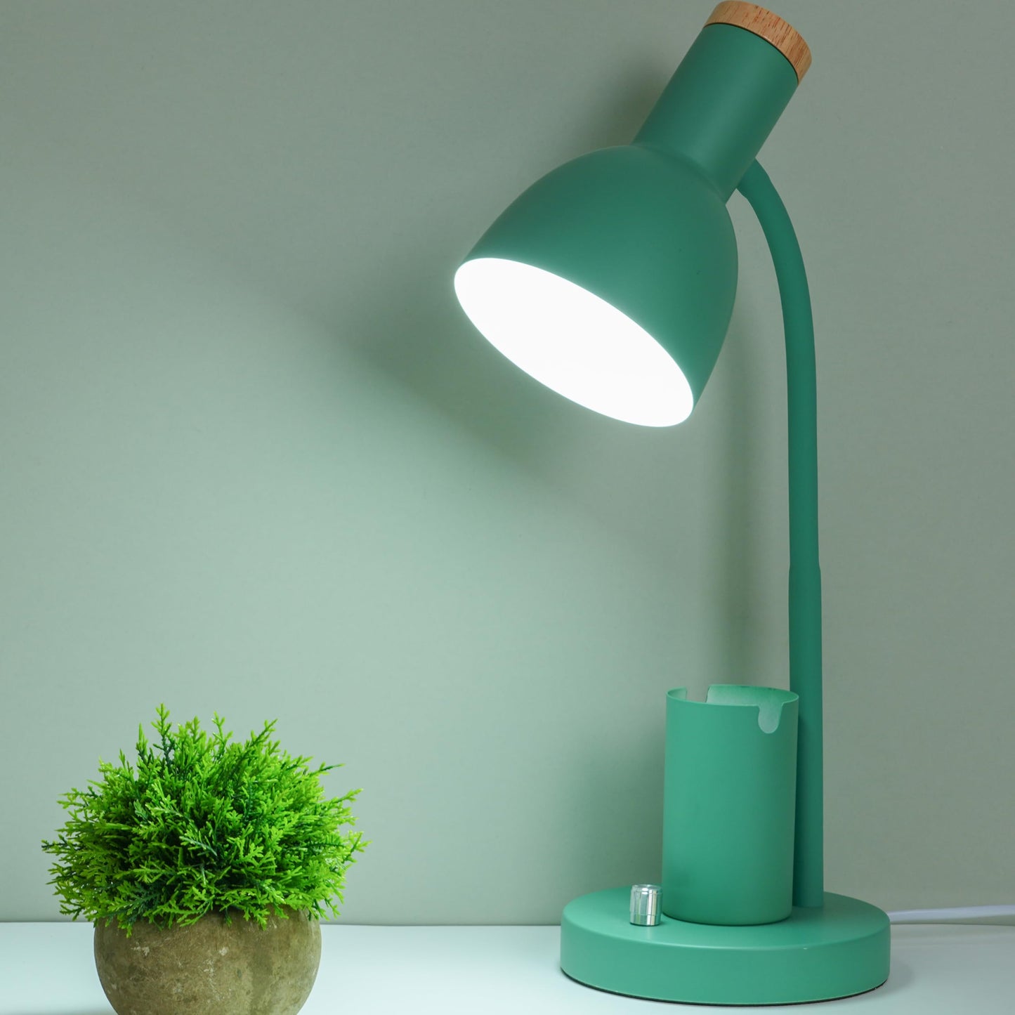 YSJUENAII Desk Lamp with Pen Holder, Green, Wood Accent, Adjustable Gooseneck, Modern Study Light (Green)