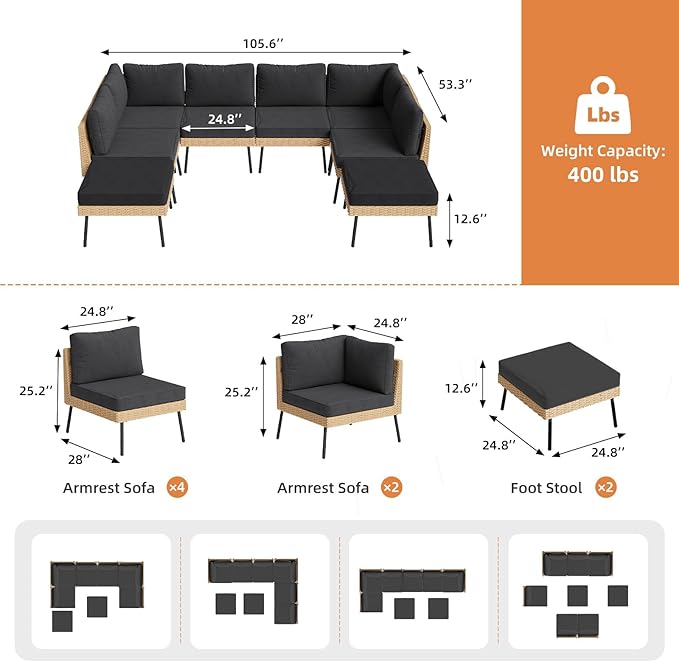 Aoxun 8-Piece Patio Furniture Set, Wicker Outdoor Furniture