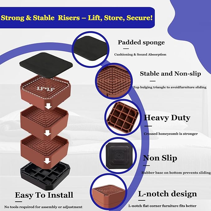 Bed Risers Heavy Duty, Adjustable Furniture Riser Blocks Lift 1.5, 4.3 inches