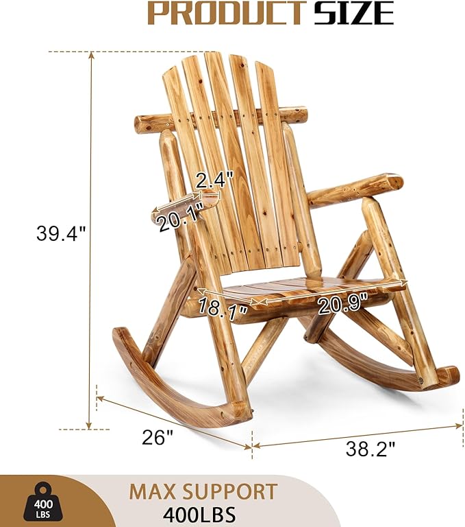 Outvita Wooden Rocking Chair, Fir Log Adirondack Rocker, Outdoor Wood Accent