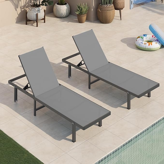 Aluminum Outdoor Lounge Chairs Set of 2, Pool Lounge Chairs