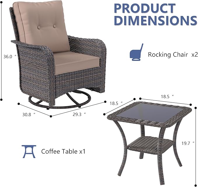ALAULM 3 Piece Wicker Patio Chairs Outdoor Swivel Rocker Chairs