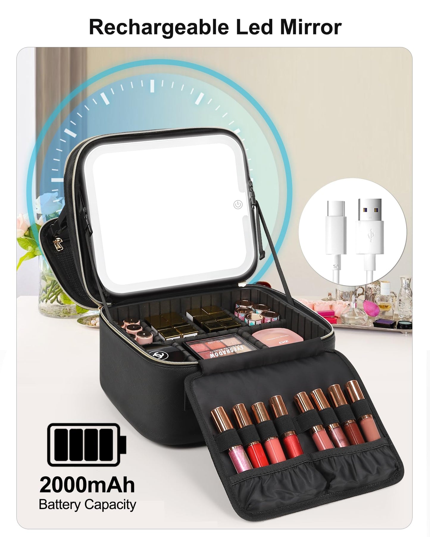 Relavel Travel Makeup Bag With LED Mirror, Cosmetic Train Case with Light up Mirror, Portable Makeup Artist Organizer Bag with Adjustable Dividers, Makeup Brush Holder Storage, Black