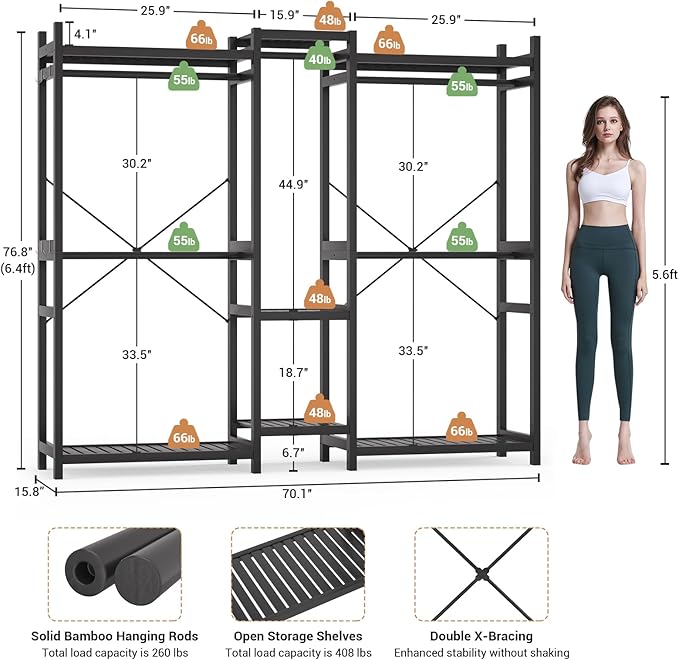 Homykic Bamboo Closet System Clothes Rack, Large Freestanding Garment Rack