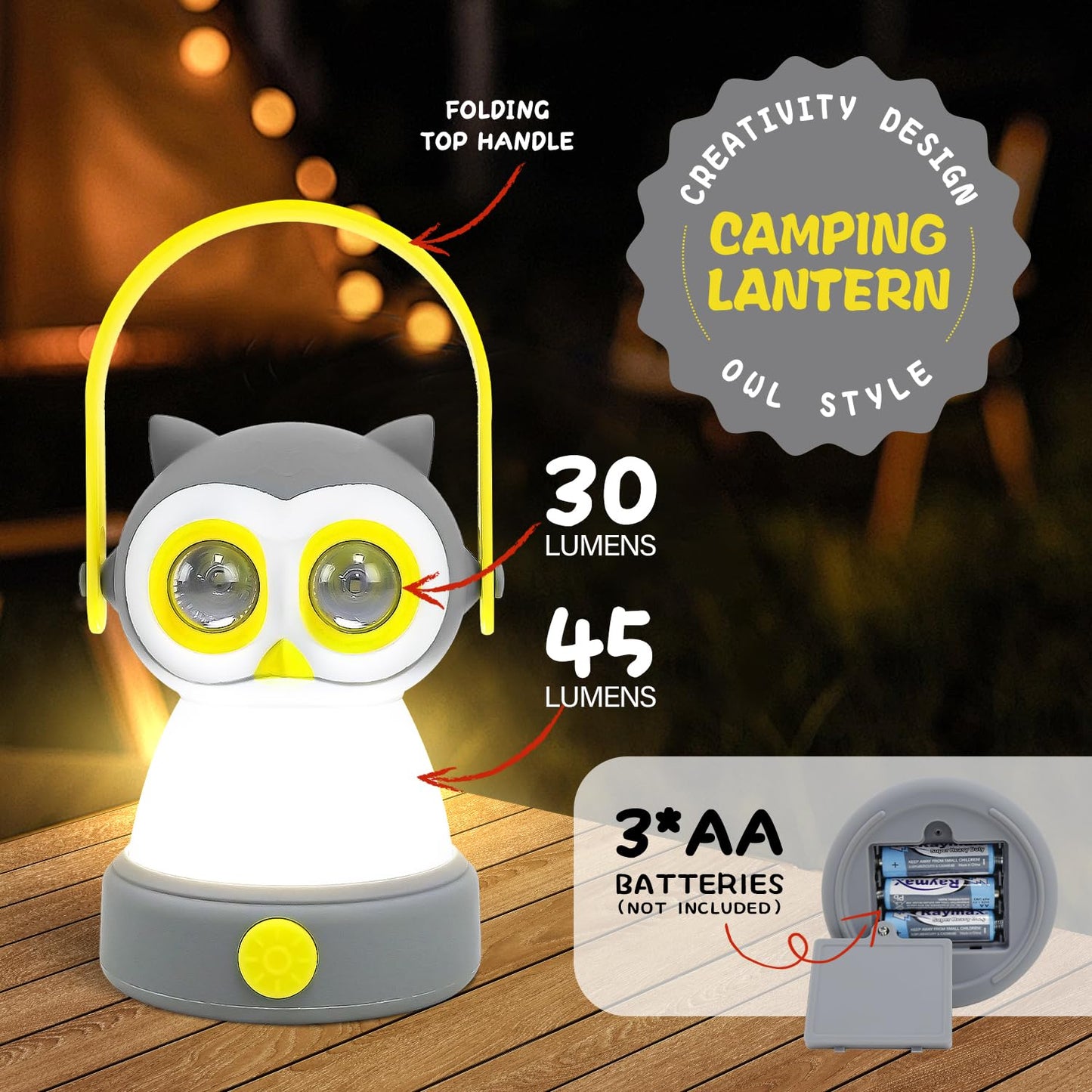 Portable LED Camping Lantern, Lightweight Battery Powered LED Flashlight for Indoor Outdoor, Kids Camping Gear Gift for Children's Day, Birthday, Easter, Adventure(Owl Style, Battery NOT Included)