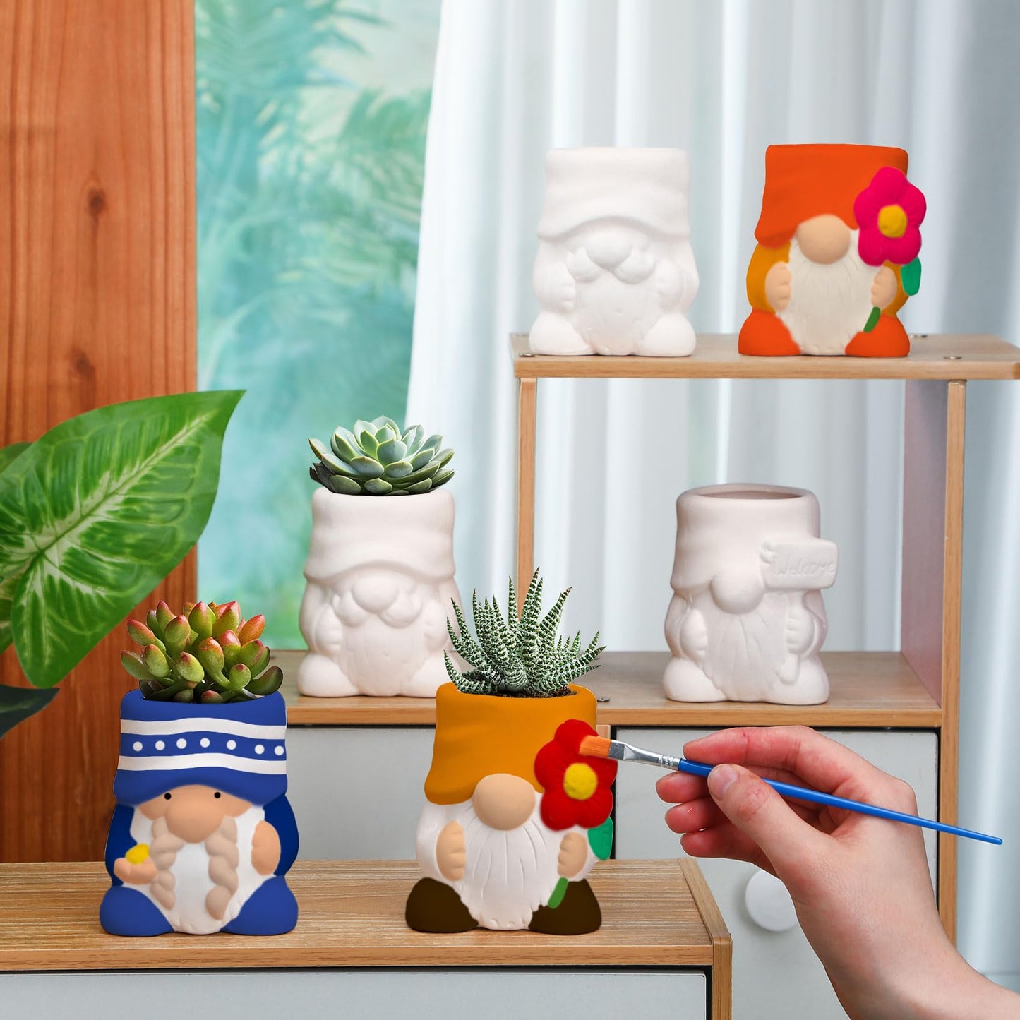 Beeveer 6 Sets Paint Your Own Gnomes Succulent Planter Cute Mini Unpainted Flower Pots DIY Paintable Succulent Pots for Christmas Classroom DIY Craft Project Activity