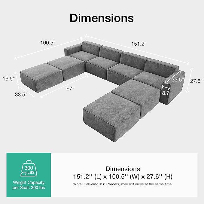 Novilla 151.2" Modular Sectional Sofa, No Assembly Cloud Sectional Couch