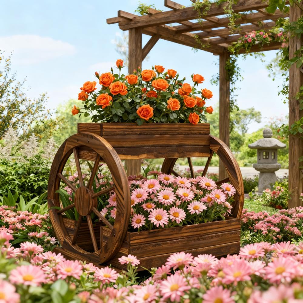 Outdoor Planter,Wooden Wagon Planter Box,3 Tier Raised Garden Bed,for Vegetables Flowers Herbs