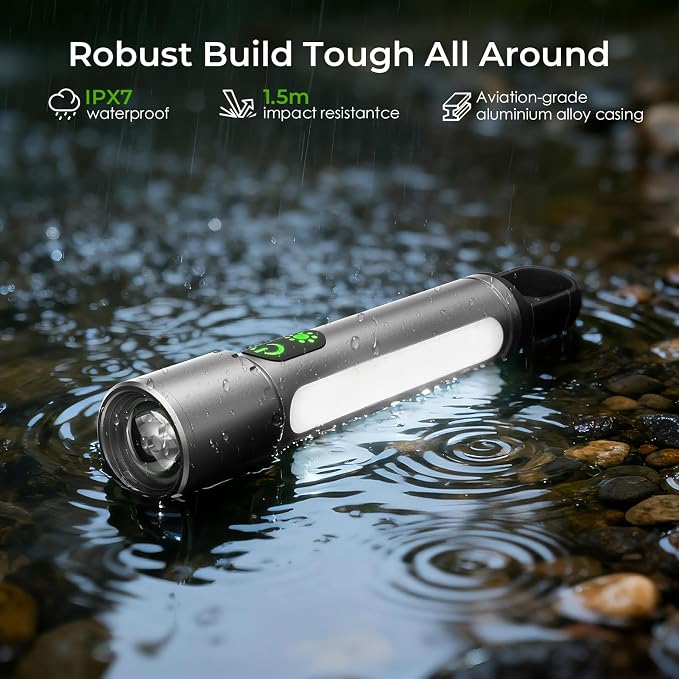 ADDplus Magnetic Flashlight Rechargeable,2000LM 5000mAh Flashlights High Lumens with 18 Modes,Waterproof, Adjustable,Powerful Flash Light,Multi-Flashlights for Home,Car,Hiking,Camping (1, Silver)