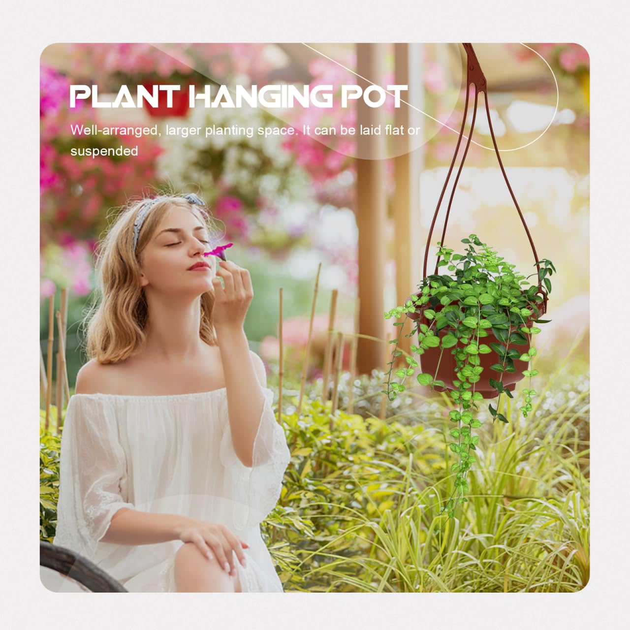 Wakauto 6Sets Plastic Hanging Flowerpots - Metal Hook & Chain Planters with Drainage Holes & Non-Slip Feet, Breathable for Succulents & Orchids, Indoor/Outdoor Home & Garden Use