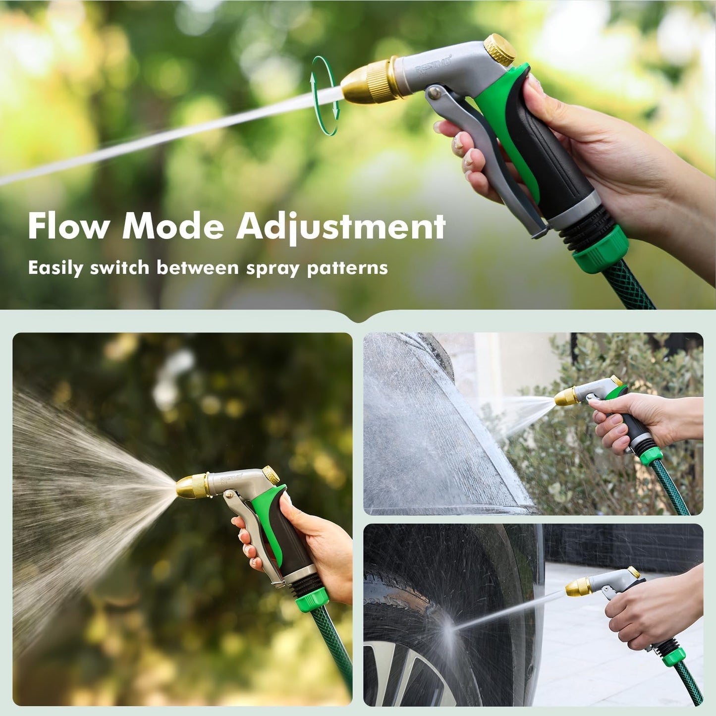 RESTMO Heavy Duty Metal Water Hose Nozzle, High Pressure Garden Hose Nozzle, Hose Sprayer Nozzle with Adjustable Spray Patterns for Garden Watering, Car Washing, Patio and Pet, Green