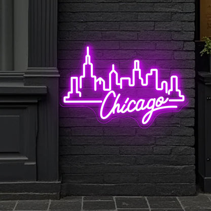City Light Chicago Neon Sign, Skyline Neon Light, Home Wall Office Decor, Chicago City Led Sign, City Sign for Christmas Birthday Gifts Women Gift Bar Pub Store Club Garage Home Party-Purple-17.3"