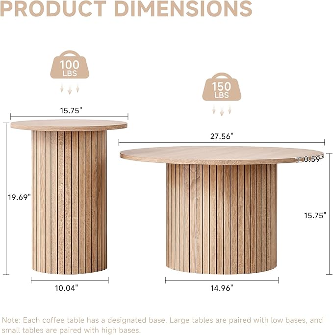 Round Nesting Coffee Table Set of 2 Mid Century Modern Wood Round Coffee Tables