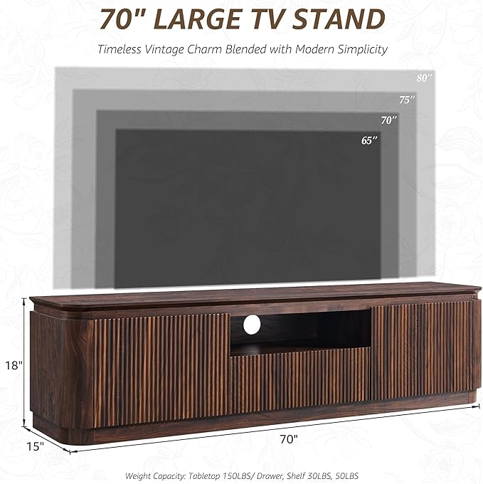 70" Fluted TV Stand for TVs Up to 80", Mid Century Modern Entertainment Center