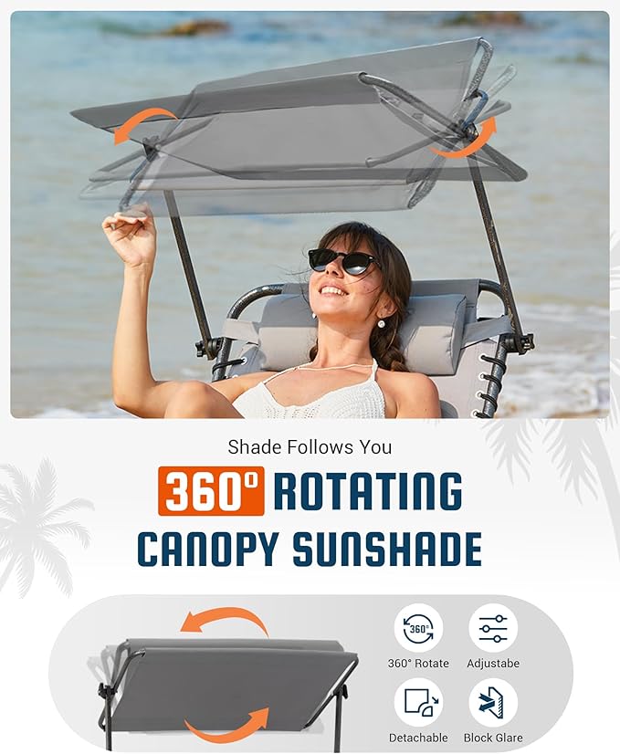 KingCamp Lounge Chair with face Hole & Canopy Shade, 400LBS Folding Portable