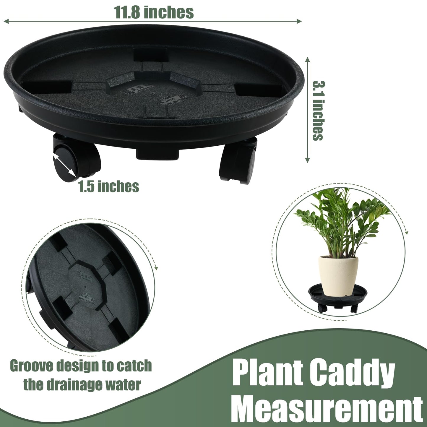 6 Packs 11.8 Inches Large Plant Caddy with Wheels Plant Saucers on Wheels Rolling Plant Stands Heavy-duty Plant Dolly Plastic Planter Roller Base Pot Movers Outdoor Plant Tray Coaster, Black