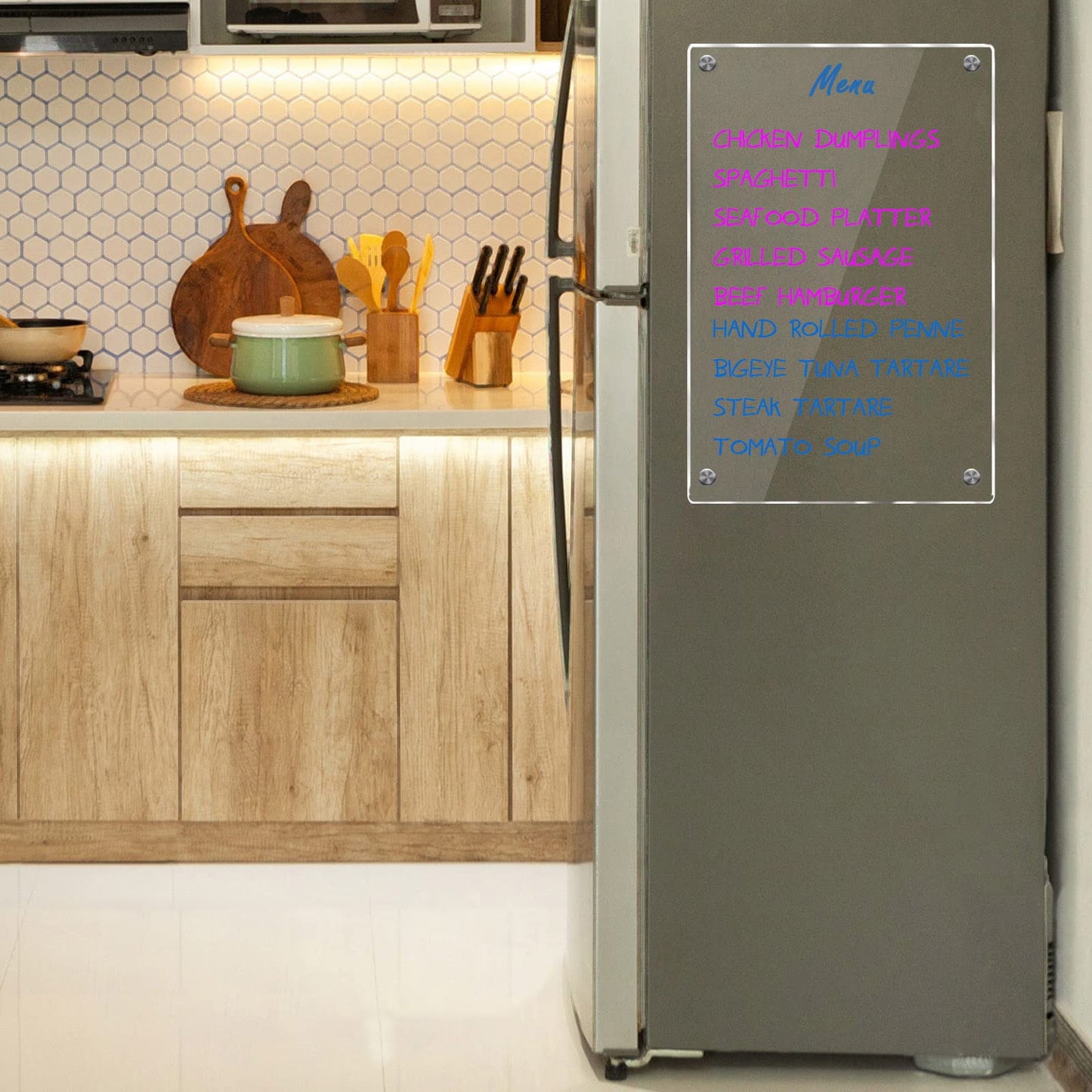 JonXon 8"x12" Acrylic Magnetic Dry Erase Board for Fridge, Clear Acrylic Magnet Calendar for Refrigerator,Includes 6 Dry Erase Markers(Clear Blank)