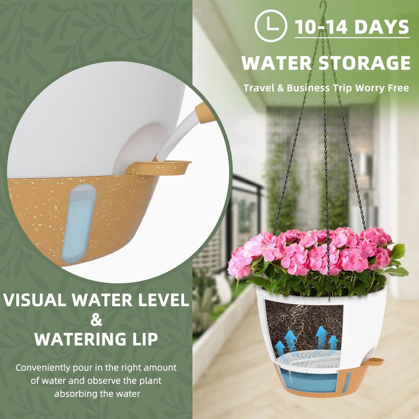 ZMTECH 12 Inch Large Self Watering Hanging Planters for Indoor Outdoor Plants - Water Level Indicator & Removable 60 Oz Reservoir, 1 Pack Plastic Hanging Basket for Window Porch Garden Balcony, White
