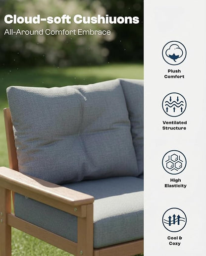 Teak HDPE Patio Sofa Set, 3-Piece Sectional Outdoor Patio Furniture Set, All Weather Outdoor Couch Set with Washable Thick Cushions for Lawn, Garden, Deck, Balcony, Porch, Poolside, Yard