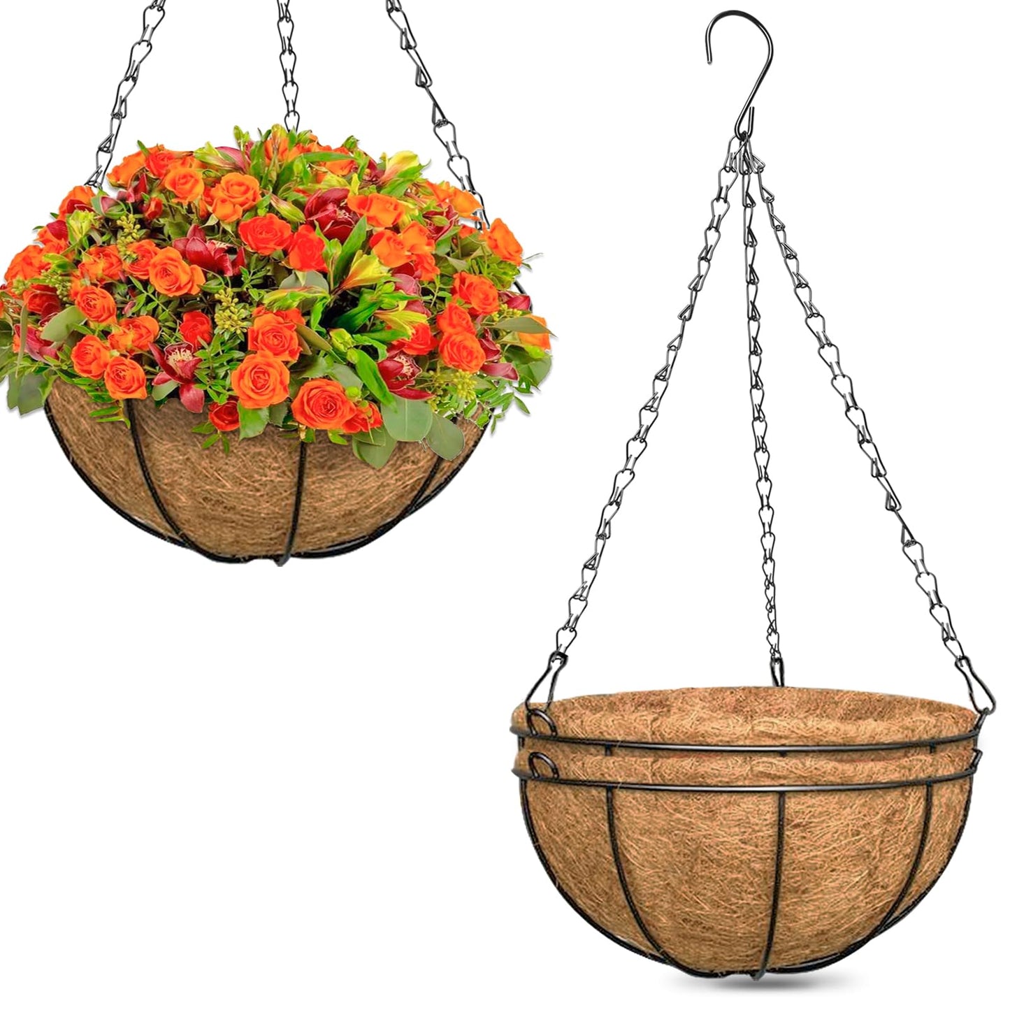 ZeeDix Hanging Baskets for Plants Outdoor-3 Pack 12 Inch Hanging Planters with Coconut Liners, Metal Round Hanging Planter for Flowers Vegetables