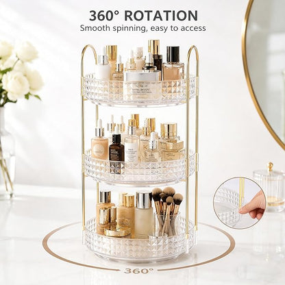Fangoo 3 Tiers Clear Rotating Makeup Organizer for Vanity, 360 Spinning Skincare Organizers for Dresser Perfume Organizer Large Skincare Make up Storage Cosmetic Organizer for Bathroom Countertop