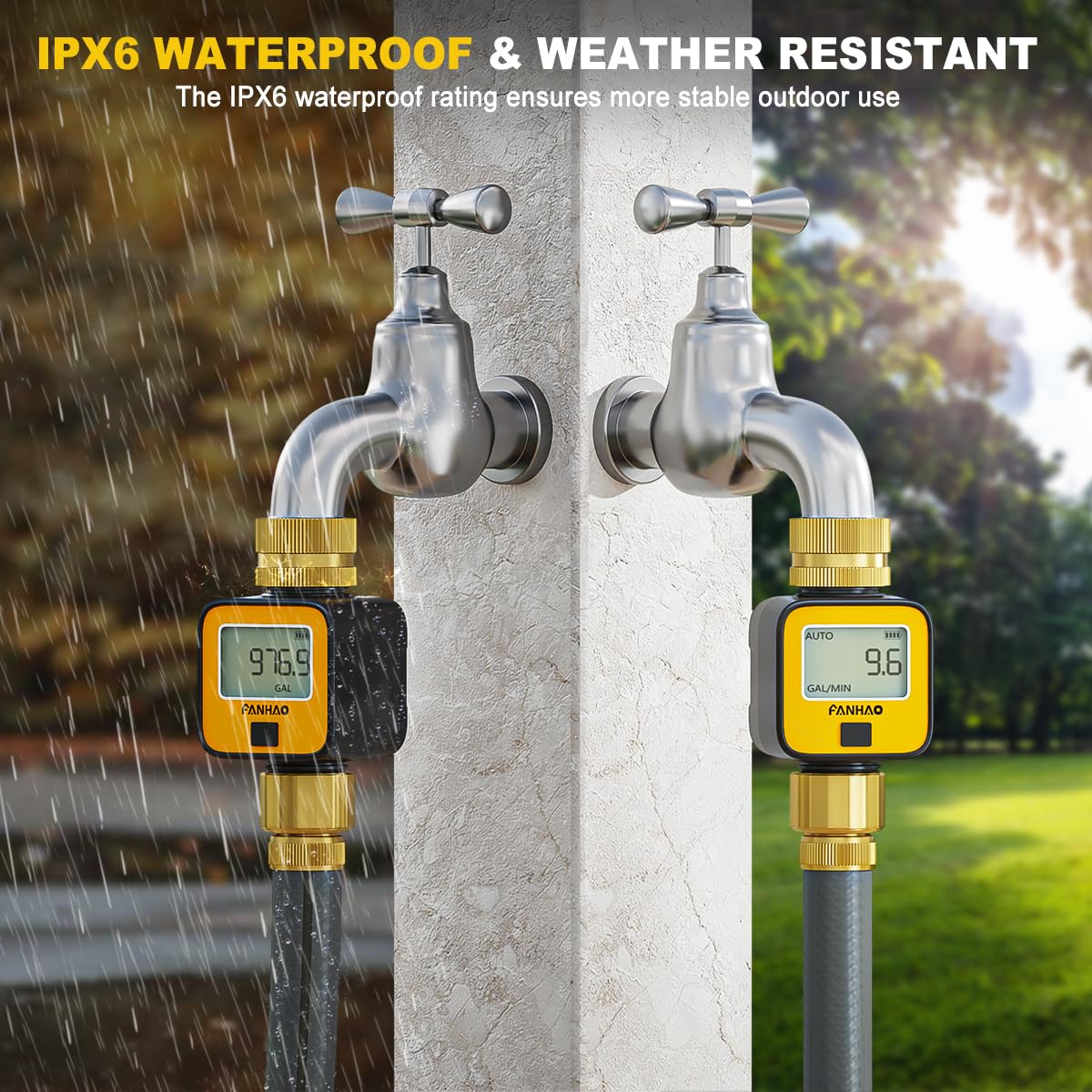 FANHAO 2 Pack Water Flow Meter with Brass Inlet Metal Thread, Measure Gallon/Liter Consumption and Flow Rate, High Accuracy & IPX6 Waterproof for Outdoor Garden Hose Watering, RV Water Tank Filling