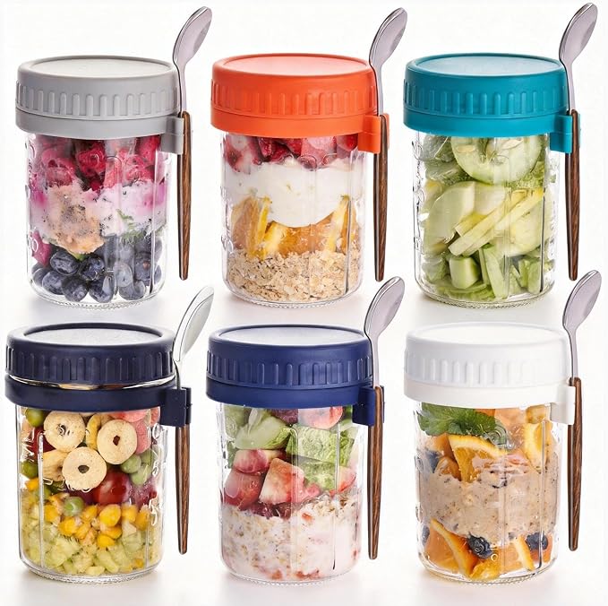 6 Pack Overnight Oats Containers with Lids and Spoons, 16 OZ Glass Oatmeal Container With Measurement Marks for Chia Pudding, Yogurt, Breakfast, Airtight Leak Proof, Clear