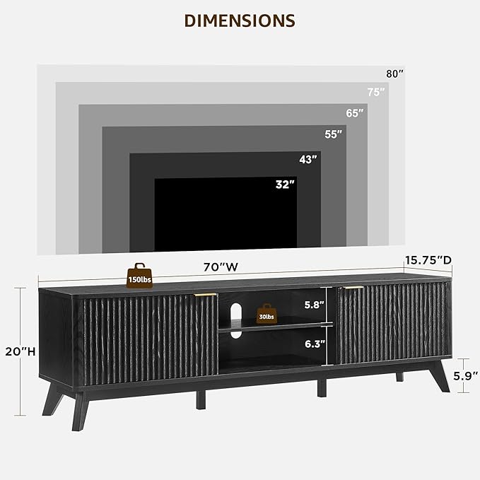 OKD 70" Mid Century Modern Fluted TV Stand, Entertainment Center, Media Console