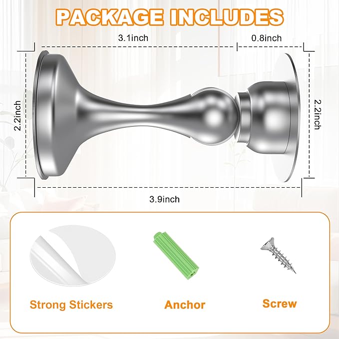 Crosize Magnetic Door Stoppers 8 Pack, Stainless Steel Door Stops for Wall and Floor Mounting, Door Holder Keep Door Open, No Drilling Door Stop with 3D Adhesive Tapes, Silver