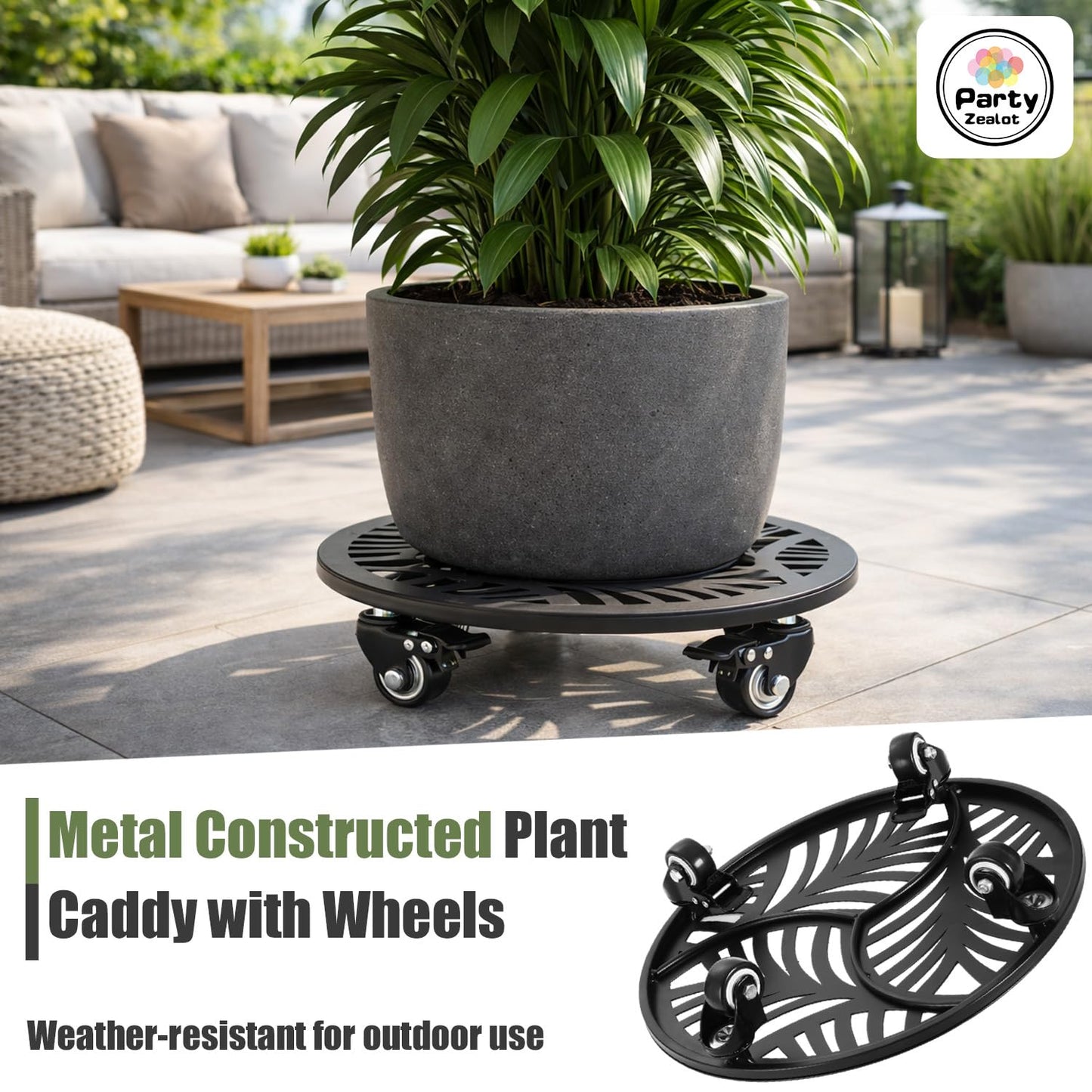 2-pack 16" Metal Plant Caddy with Wheels Extra-large Heavy-duty Rolling Plant Stands with Casters Wheeled Planter Dolly Pot Mover Rollers Rust-proof Round Garden Trolley Coaster for Indoor Outdoor
