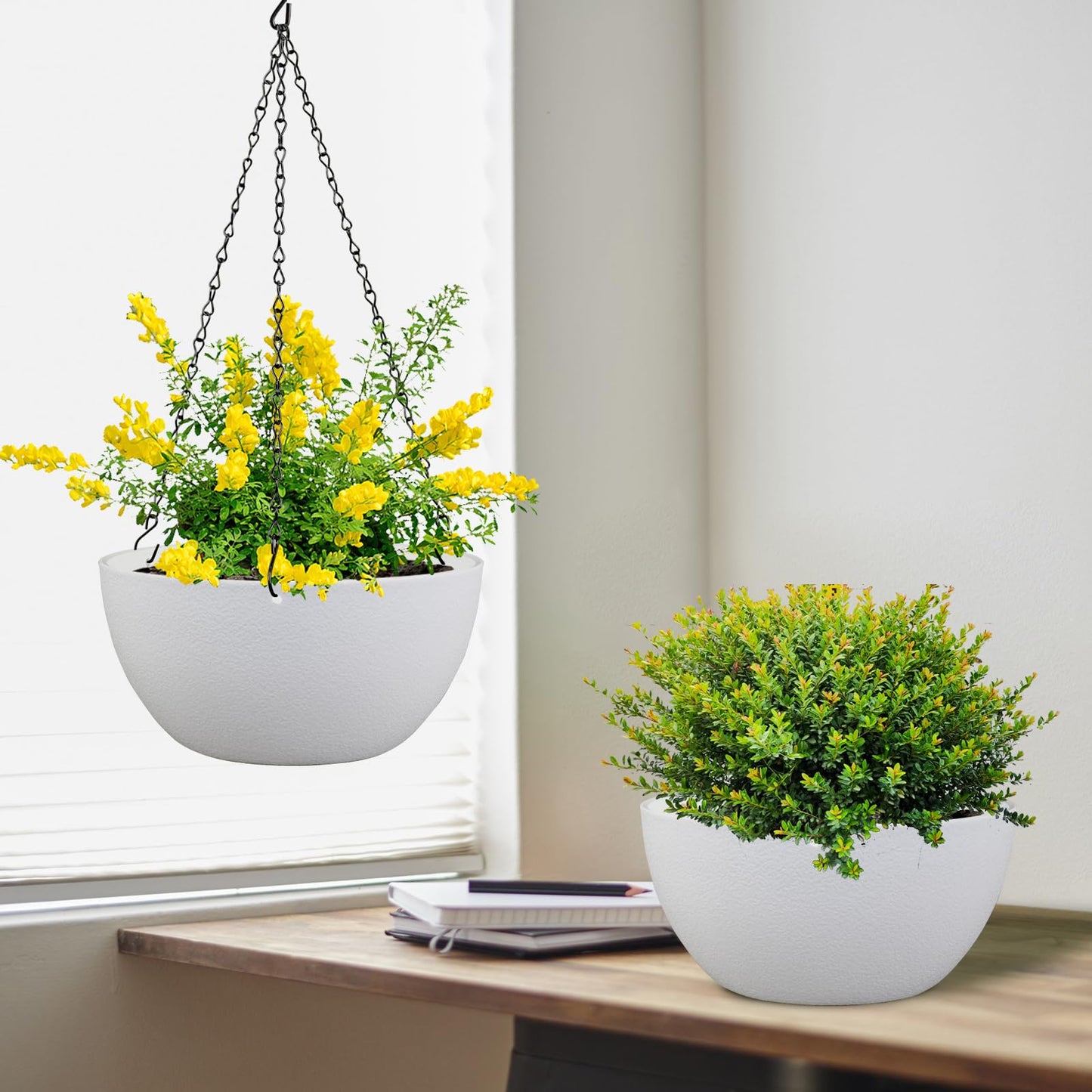 Meowell 10 inch Hanging Planters for Indoor Outdoor Plants, 2 Pack Hanging Flower Pots with Drainage Holes and Chain for Garden Balcony Porch, Round Plastic Hanging Baskets for House Plants, White