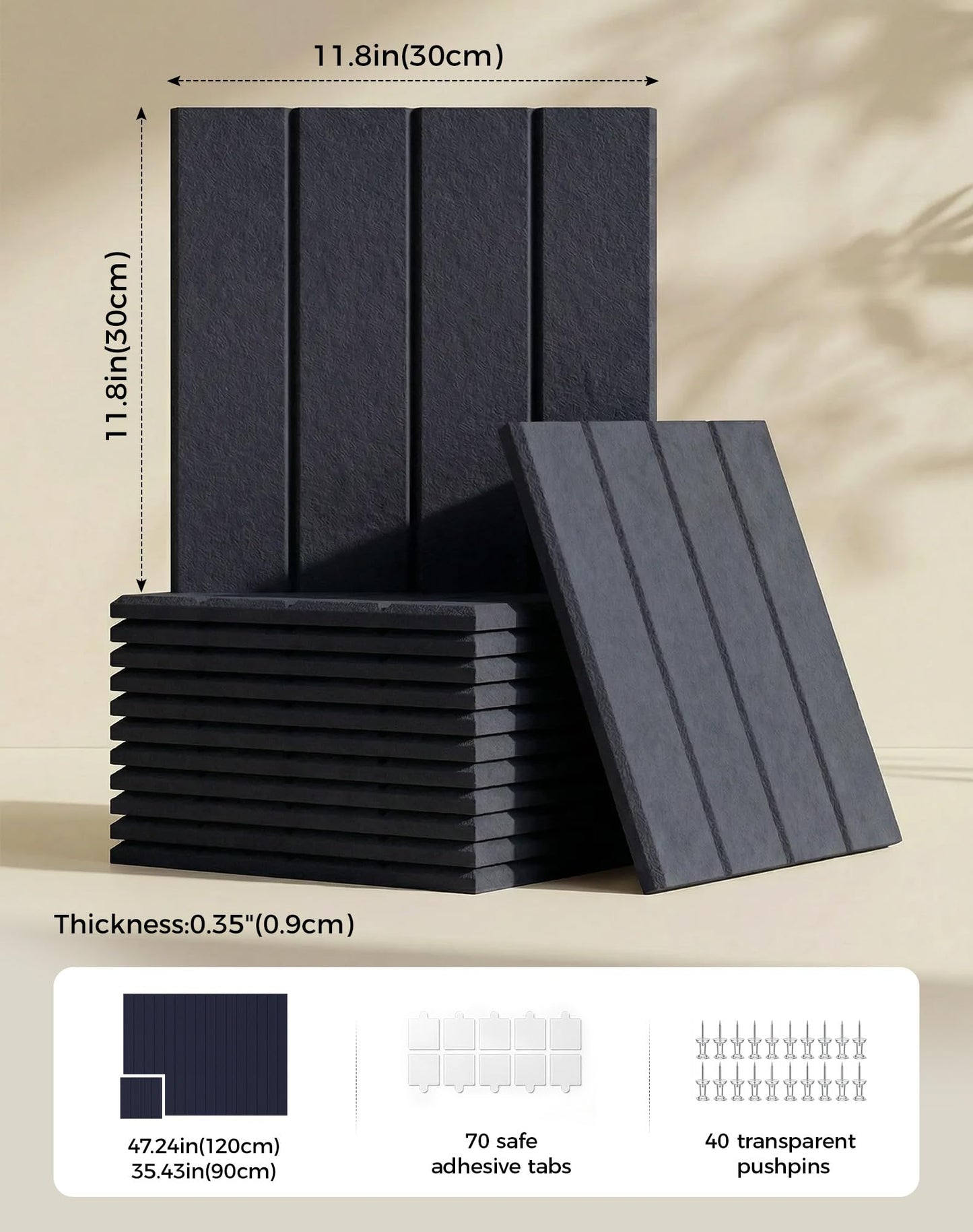 Aothia 12-Pack Felt Bulletin Board Tiles - 48x36 Modular Pin Board for Walls, 0.2" Thick Cork Board Alternative for Office & Classroom, 70 Adhesive Tabs & 40 Pushpins Included (Navy Blue)