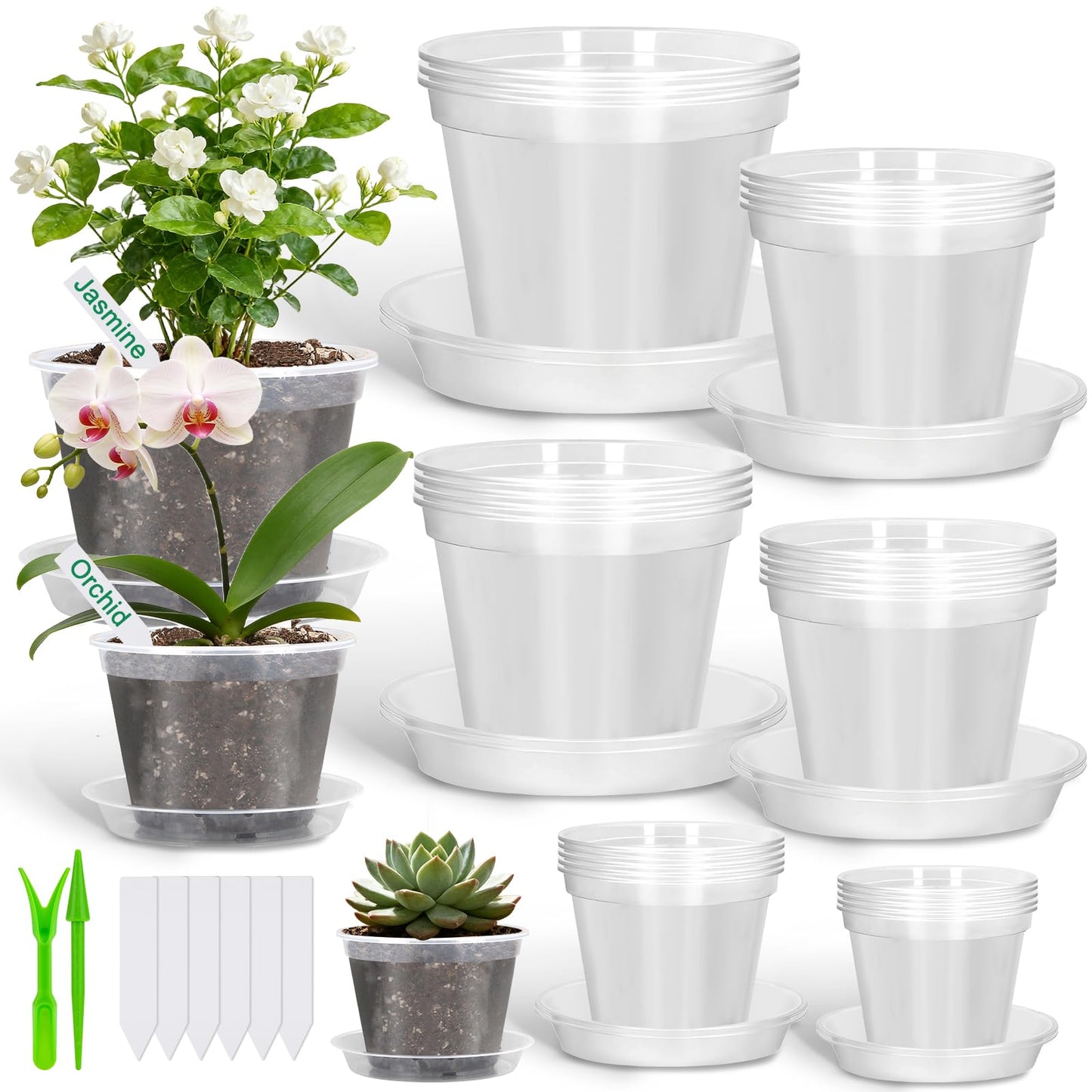 Modacraft 26 Pack Clear Plastic Nursery Pot for Plants with Saucers, 2 Garden Tools and 30 Labels, Variety Clear Nursery Planter with Drainage Holes for Indoor Outdoor (3.1/3.5/3.9/5.1/5.9/7.1 inch)