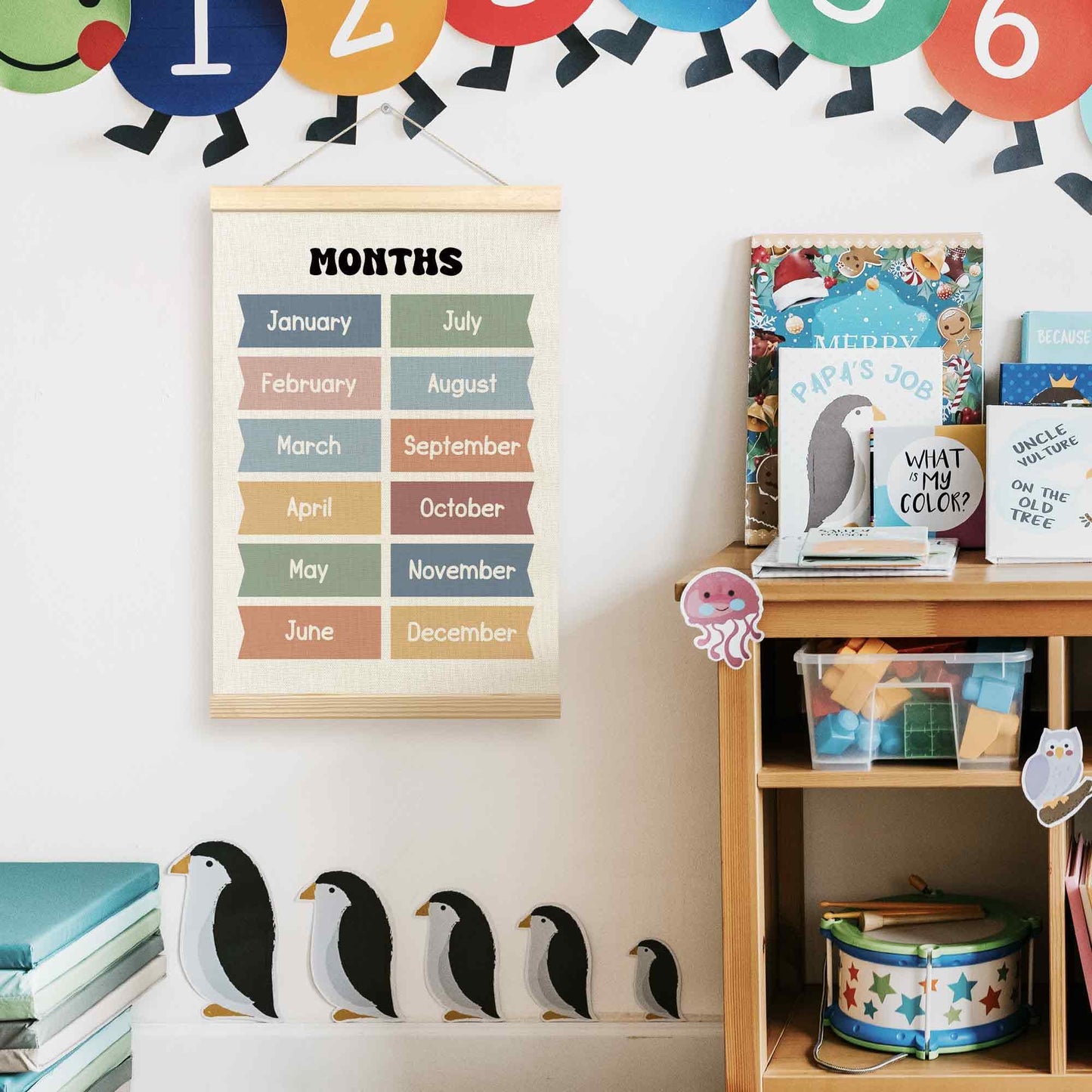 TLESKE Boho Classroom Months of the Year Poster Hanger Frame, Homeschool Hanging Wall Art Decor for Toddler Kids Room Nursery Playroom, Preschool Prek Learning Educational Poster Print Banner, 16x24