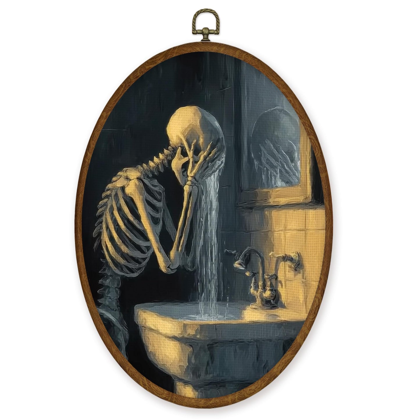 WULQYING Funny Halloween Skeleton Bathroom Wall Art Decor, Gothic Skeleton Oval Framed Canvas Art Prints, Spooky Halloween Wall Hanging Decor for Bathroom Washroom Restroom Toilet, 8.6x11.4 Inches