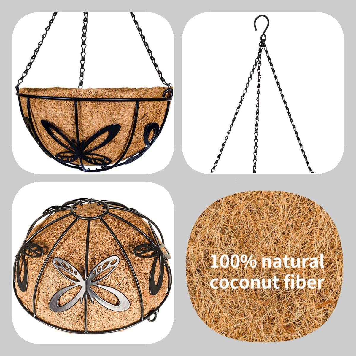 VICHOCCA Hanging Planter with Coco Coir Basket Liner - Round Wire Plant Holder for Outdoor Lawn Patio Balcony Garden Deocr, Butterfly Pattern Outside 10 Inch Plants Pot, 2 Pack