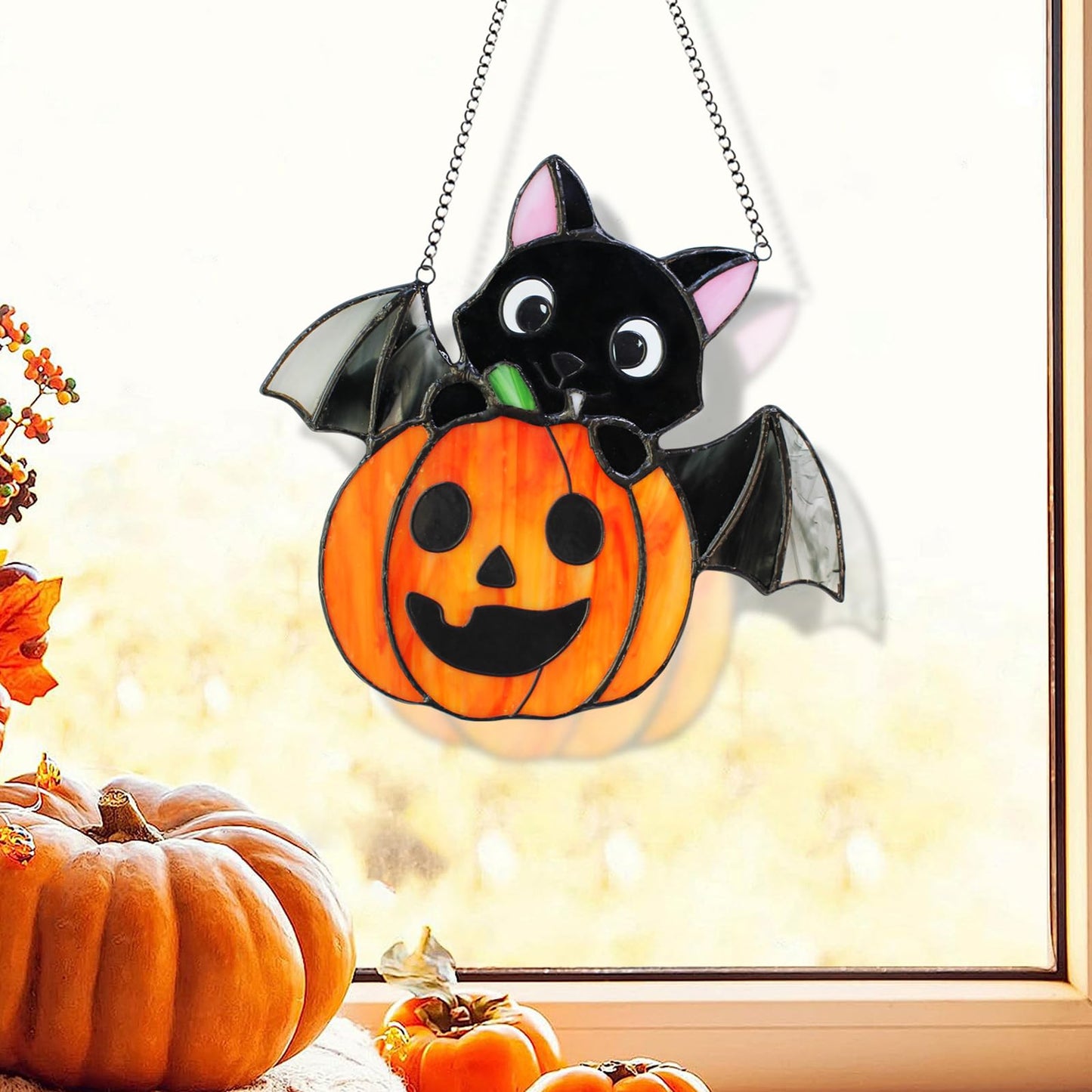 JAWNLITY Stained Glass Window Hanging Sun Catcher, Handmade Bat and Pumpkin Suncatcher for Window, Wall Porch Decoration, Cute Cartoon-Style Stained Glass Halloween Christmas Decor Gift